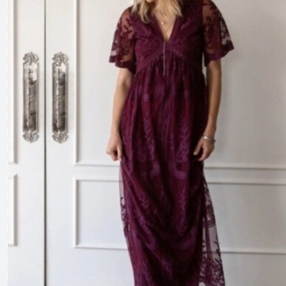 Boho Lace Maxi Dress Medium Burgundy Flutter Sleeve V Neck Zip Fairy Festival